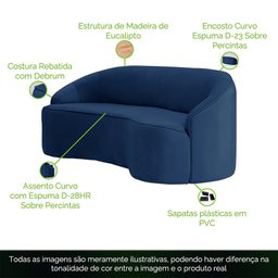 Sofá Curvo Montserrat 150cm 2 Lugares Veludo Azul Clássico - Nexta Casa - 3