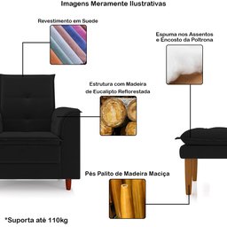 Poltrona de Amamentação Quarto Infantil com Puff Kate Pés Palito Suede Preto - New Belle Poltrona Co - 3