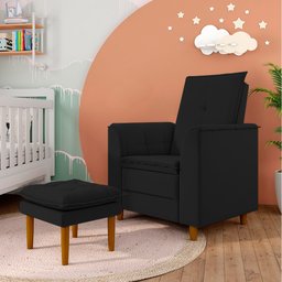 Poltrona de Amamentação Quarto Infantil com Puff Kate Pés Palito Suede Preto - New Belle Poltrona Co - 2