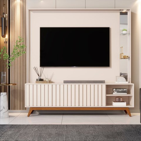 Estante Home Theater para TV até 75 Polegadas Ripado com LED e Espelho 100% MDF e Pés em Madeira Maciça 190,5CMX179CM Açaí Bege