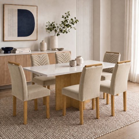 Conjunto Sala de Jantar 6 Lugares Retangular Tampo Vidro MDF 160x80cm Mesa e Cadeiras Carol