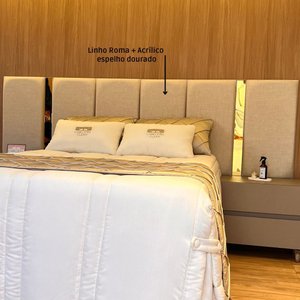 Cabeceira Estofada em Linho com Espelho Dourado