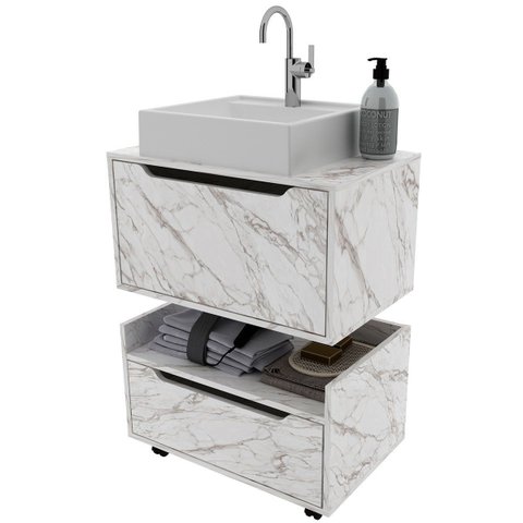 Kit Balcão e Gabinete de Banheiro com Cuba 1 Porta 1 Gaveta Mármore Branco