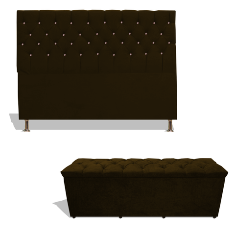 Kit Estrela Cabeceira de Cama Box Casal 140 Cm + Calçadeira Baú Suede Marrom Eli Móveis e Decoração