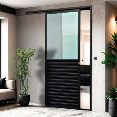 Porta de Correr Suspensa 210x70cm Meia Veneziana Meia Vidro Dir L.25 Brimak Abertura Direita Preto
