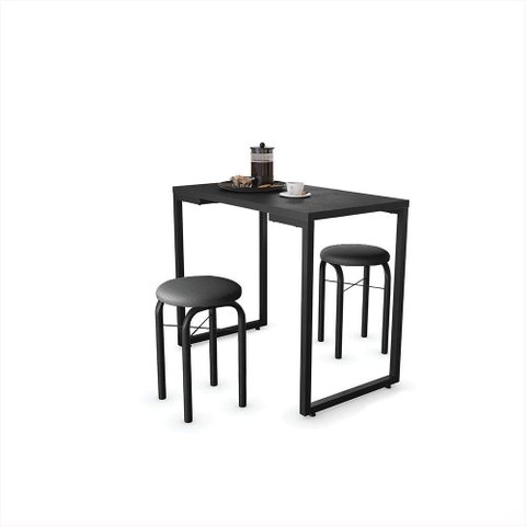 Mesa Multiuso Preto 90 Cm com 02 Banquetas Corino Preto