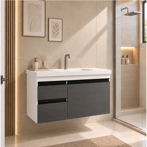Gabinete Banheiro Stilo 73cm com Cuba Pia Armário Suspenso Montado Fimap Branco Grafite