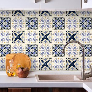 Adesivo de Azulejo Hidráulico Bege e Azul 2 Arte Destaque