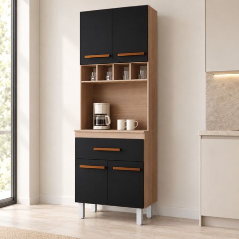 Paneleiro Cozinha Torre Quente 60 cm Victoria Carvalho/Preto