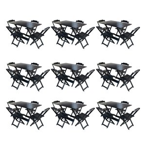 Kit 9 Jogos de Mesa Dobravel com 4 Cadeiras de Madeira 120x70 para Restaurante e Bar - Preto