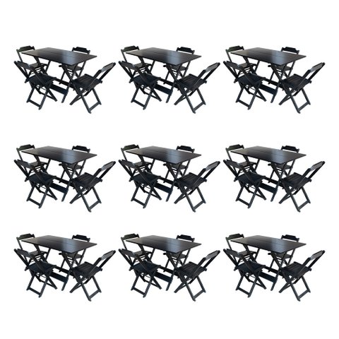 Kit 9 Jogos de Mesa Dobravel com 4 Cadeiras de Madeira 120x70 para Restaurante e Bar - Preto