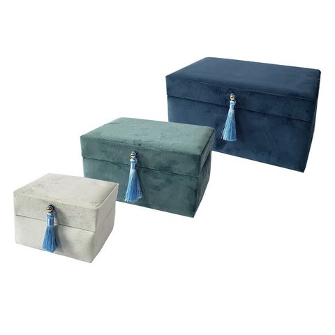 Cj. 3 Porta Joias De Madeira E Flanela Cinza, Azul Claro E Azul Escuro