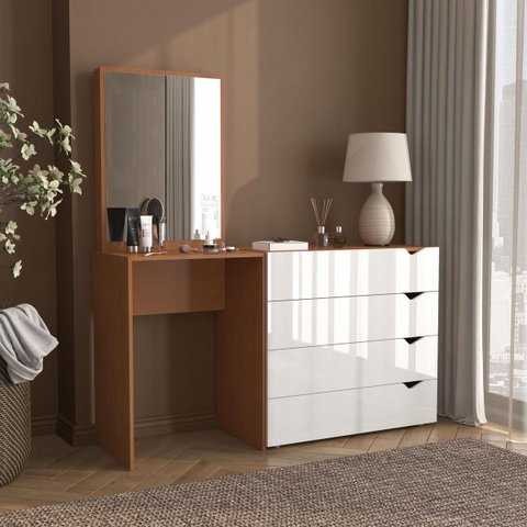 Cômoda Penteadeira Porto 4 Gavetas com Espelho 149x160cm Branco/Freijó 240889