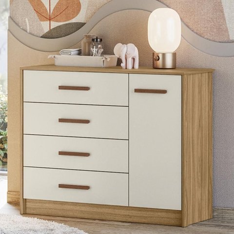 Cômoda Quarto 90cm 4 Gavetas 1 Porta Belluno Nature/Off Z49 - Mpozenato