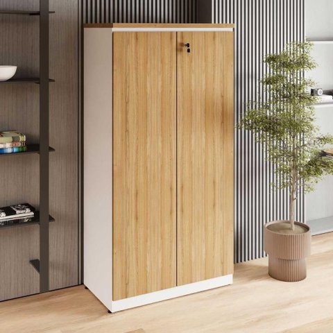 Armário Alto para Escritório F5 Office 2 Portas 3 Prateleiras MDP 80cm Macadâmia com Branco