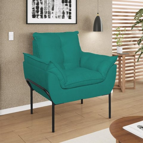 Poltrona Sofá Luxo Base Metal Preto Recepção Escritório Cor:azul Turquesa