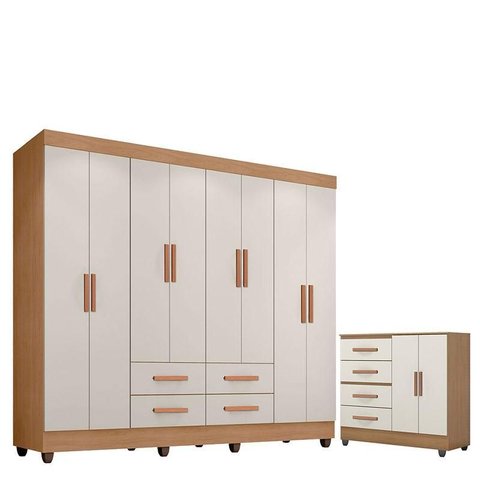 Guarda Roupa Casal Porto com Cômoda Lite 4 Gavetas 2 Portas Nature Off White – Móveis Leão