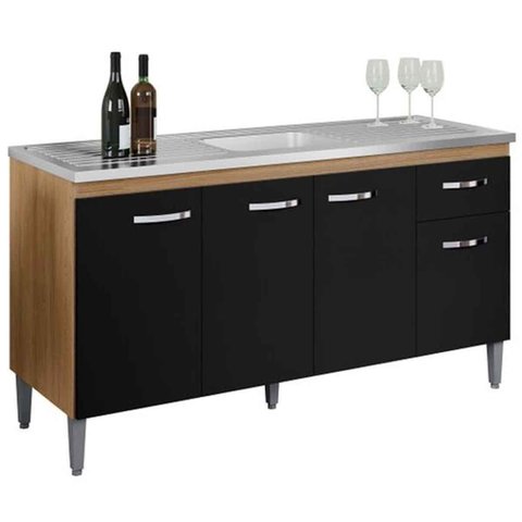 Balcão de Pia sem Tampo 150 Cm 4 Portas 1 Gaveta Graziela Amêndoa/preto