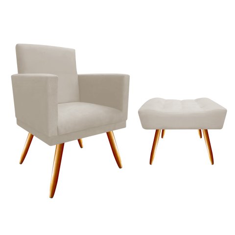 Kit Poltrona Decorativa Bia + Puff Retangular Suede Bege Pés Madeira Mz Decor