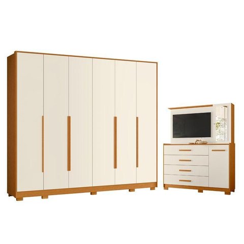 Guarda Roupa Casal Mercure 6 Portas e Cômoda Ilhabela 02 Portas 04 Gavetas Cinamomo Off White - Mó