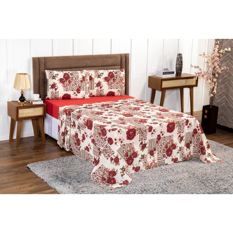 Jogo de Lençol King 4 Peças 180 Fios Algodão Estampado:floral-vermelho