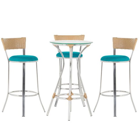 Kit de Mesa Bistrô com Tampo de Vidro Redondo 4 Banquetas em Alumínio e Fibra Sintética Ráfia