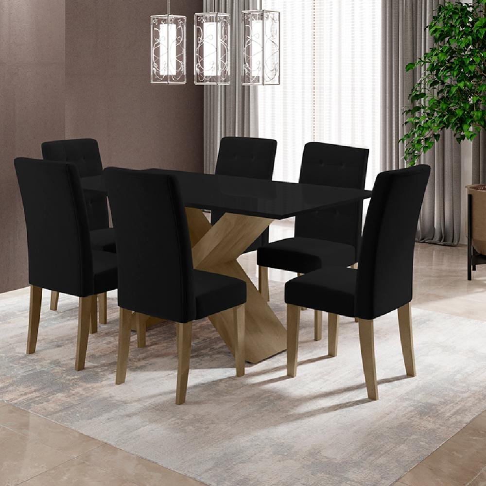 Conjunto de Mesa Sala de Jantar Dubai 1,60m com 6 Cadeiras Preto