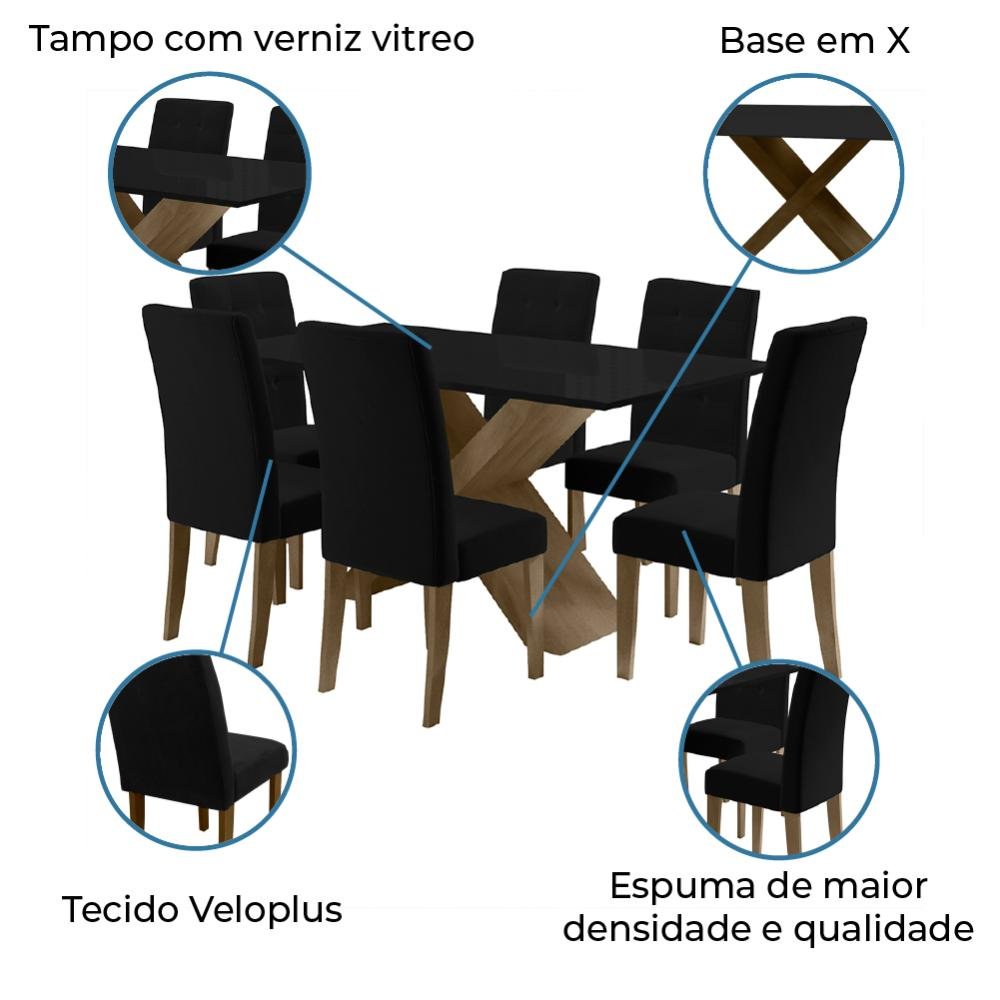 Conjunto de Mesa Sala de Jantar Dubai 1,60m com 6 Cadeiras Preto