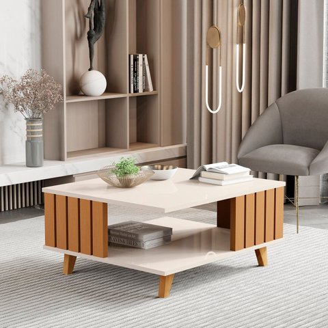 Mesa de Centro Ripada Pés em Madeira Maciça Açaí 33x70x60 Cm