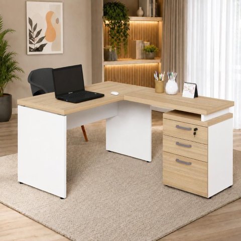 Mesa em L com Gaveteiro 3 Gavetas 120cm Macadâmia com Branco F5 Office