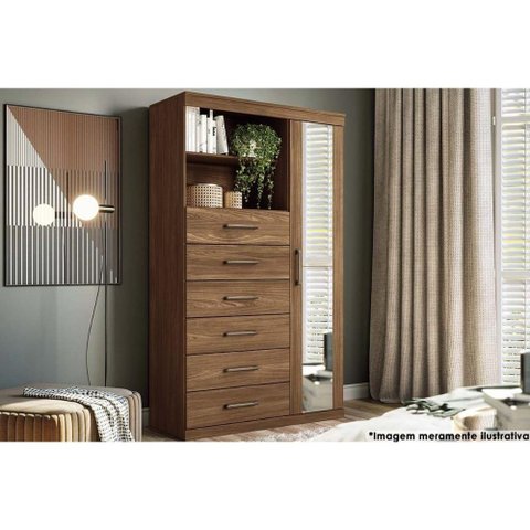 Cômoda de Quarto Marabá 1.6 C/ 1 Porta 2 Nichos e 6 Gavetas C/ Espelho Jatoba - Santos Andirá