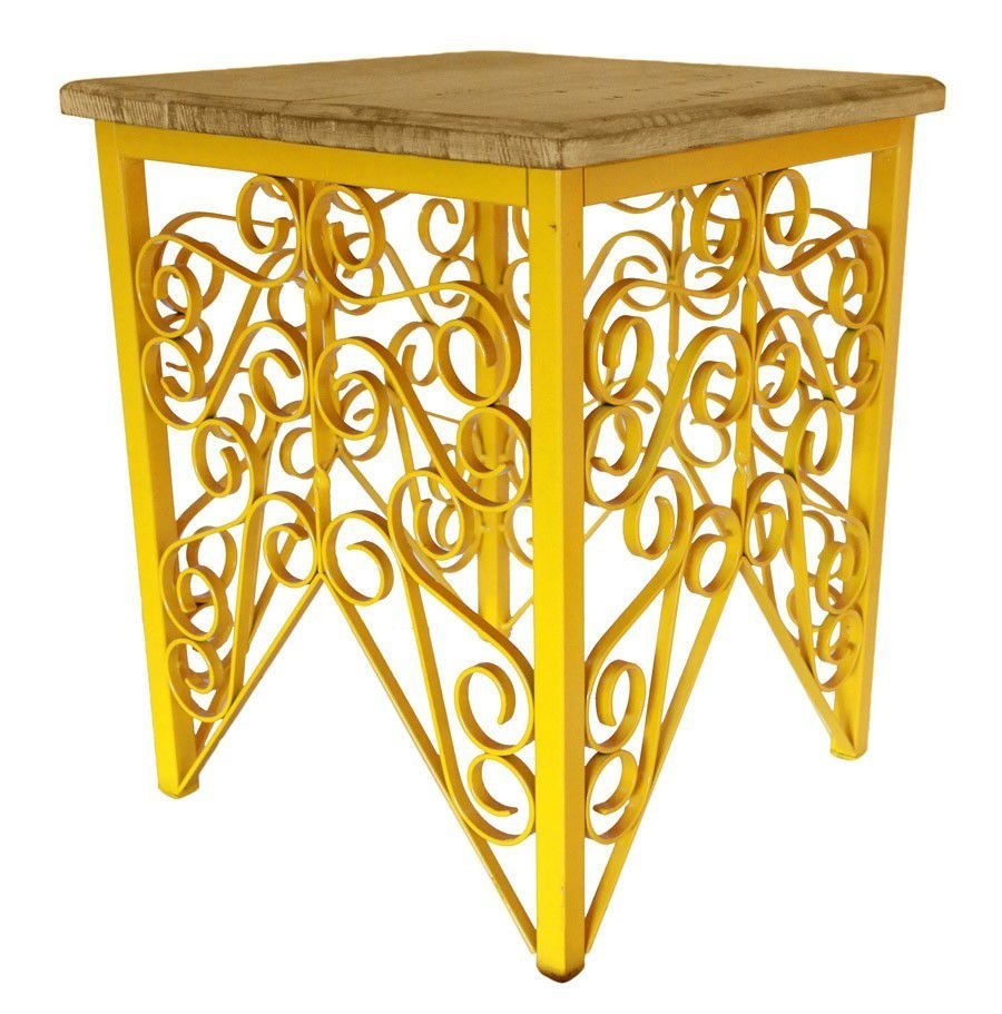 Mesa de Canto para Sala de Ferro Artesanal Rustica Decorativa com Madeira - Amarelo