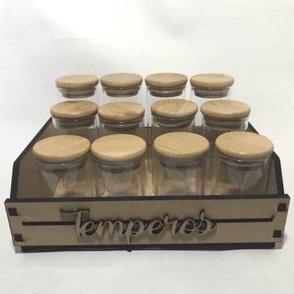 Porta Temperos 12 Potes Vidro Hermético Bambu + Suporte MDF Potes:4x150ml 4x180ml 4x200ml - 1