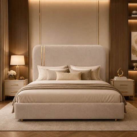 Cabeceira Glória Estofada Boucle com Detalhe Dourado King Bege