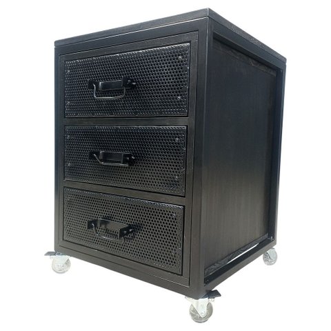 Gaveteiro / Mesa de Cabeceira Modelo Industrial de Ferro e Madeira - 3 Gavetas e 4 Rodízios - Preto