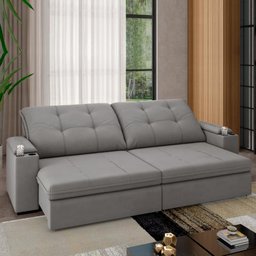 Sofá 4 Lugares com Porta Copos Retrátil e Reclinável França Luizzi 2,30m Suede Cinza - 5