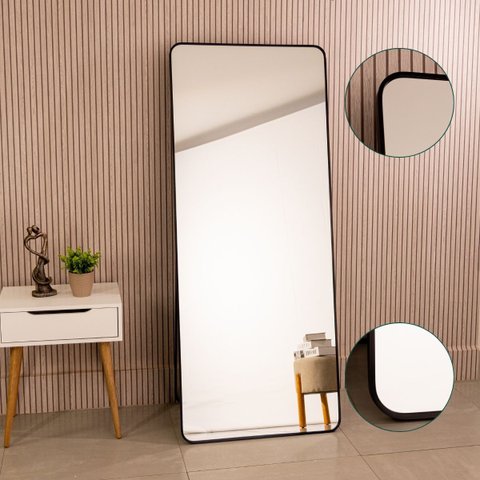 Espelho Grande Retangular com Moldura Preta Corpo Inteiro 170x70cm C/suporte de Chão Provador