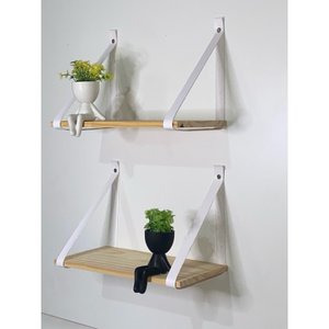 Kit 3 Prateleiras de Pinus - Alça de Couro 40 X19cm:branco