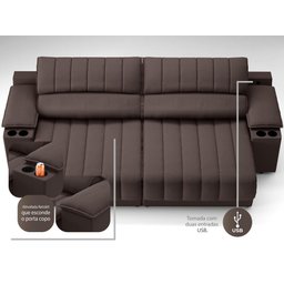 Sofá com Porta Copos e Carregador USB Retrátil e Reclinável Murano 2,00m Velosuede Chocolate - - 2