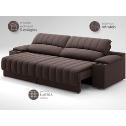 Sofá com Porta Copos e Carregador USB Retrátil e Reclinável Murano 2,00m Velosuede Chocolate - - 5