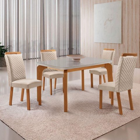 Mesa de Jantar Liz 4 Lugares Tampo MDF Vidro Cadeiras Veludo Off White 120cm Moderna