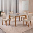 Ver imagem 1 de Mesa de Jantar Liz 4 Lugares Tampo MDF Vidro Cadeiras Veludo Off White 120cm Moderna