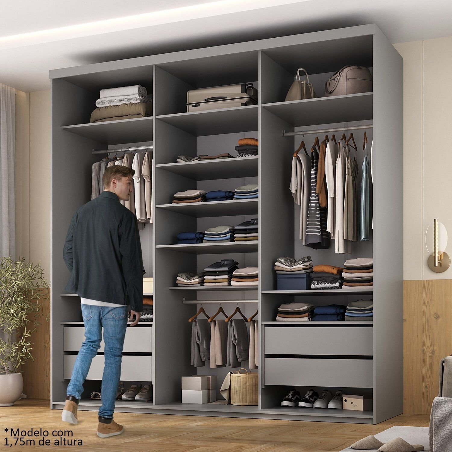 Closet Casal 100% MDF 208cm 4 Gavetas Moutier Cinza/Urbi