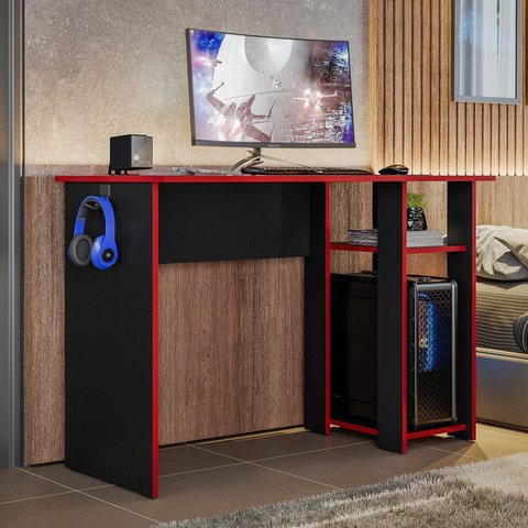 Mesa para Computador Gamer Slim Escrivaninha 108cm Preto e Vermelho