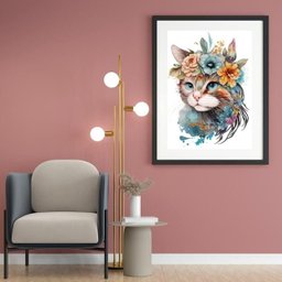 Quadro Aquarela Gato Flores - 60x48cm:madeira Preta - 2