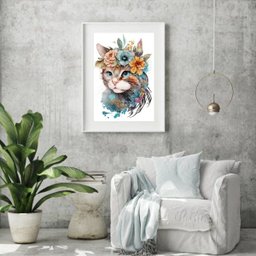 Quadro Aquarela Gato Flores - 60x48cm:madeira Preta - 1