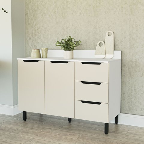 Balcão 2 Portas 3 Gavetas 120x92,5x52cm Bege/Branco/Creme