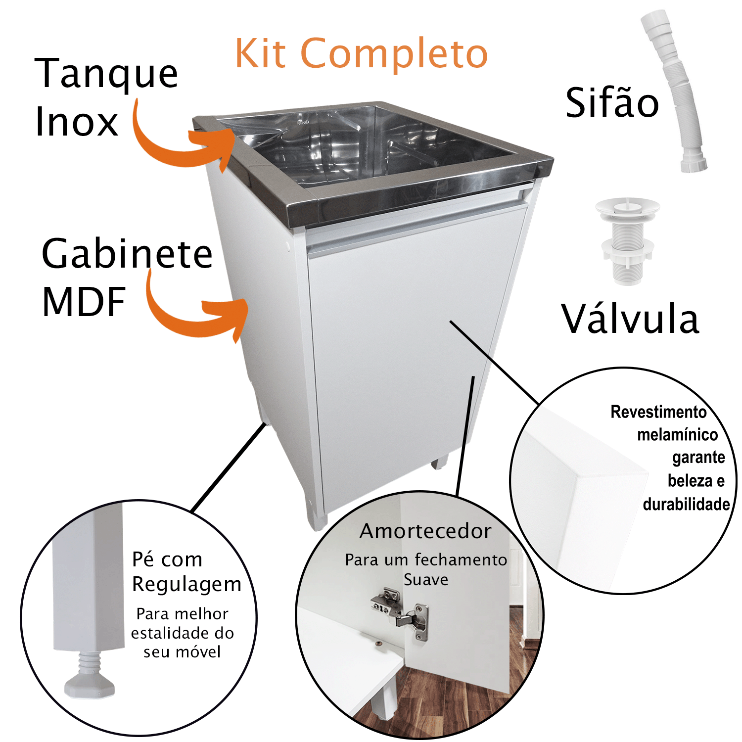 Tanque Lavanderia Inox 23l Plus Balcão Mdf Entregue Montado - 3