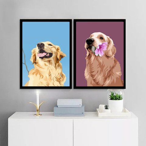 Kit 2 Quadros Artes Golden Retriever 33x24cm - com Vidro:moldura Preta