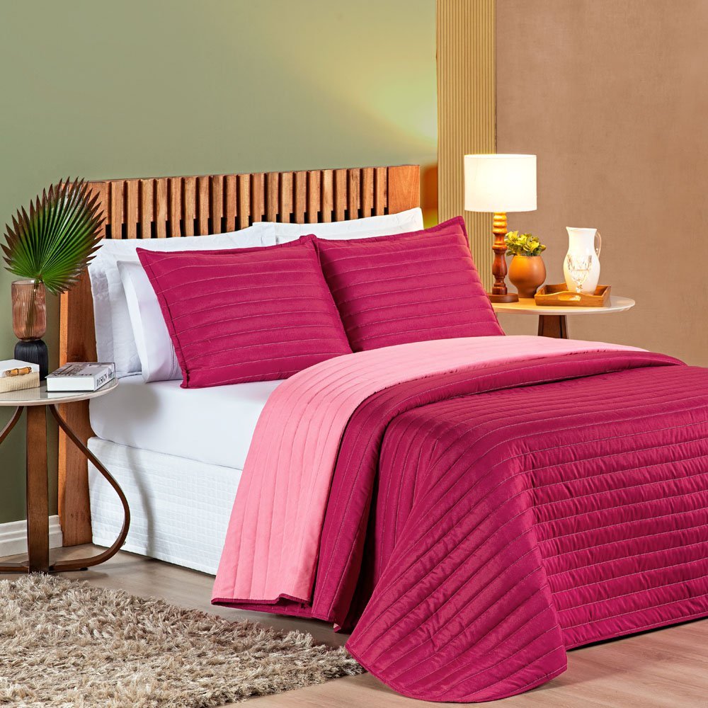 Kit Cobre Leito Colcha Double Casal Dupla Face Micropercal 200 Fios 3 Peças - Pink e Rosa Casa Scarp